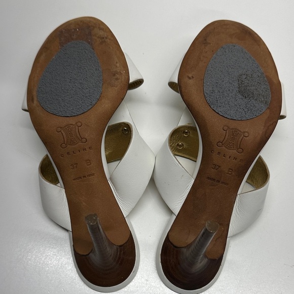 Celine Triomphe Heels High Heel Shoes Open Toe Leather White Gold Studs Size 37 - Picture 10 of 13